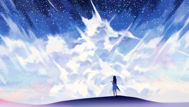 Обои картинки фото автор,  ryuutsuki basetsu, аниме, unknown,  другое, снег, девушка, небо, арт