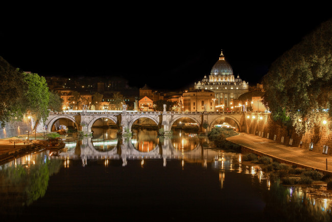 Обои картинки фото ponte st angelo,  rome, города, рим,  ватикан , италия, ночь, мост, река