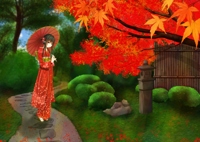 Обои картинки фото автор,  kurokami , kurokaminohito, аниме, unknown,  другое, девушка, осень, арт, зонт