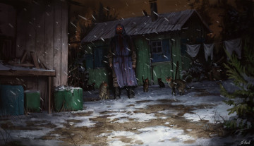 Картинка фэнтези нежить мужик кошки двор снег белье сарай дом
