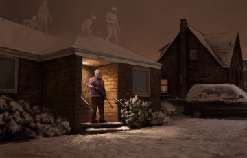 Картинка фэнтези существа монстры снег крыша дом мужик ружье двор