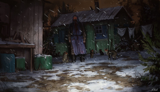 Обои картинки фото фэнтези, нежить, мужик, кошки, двор, снег, белье, сарай, дом