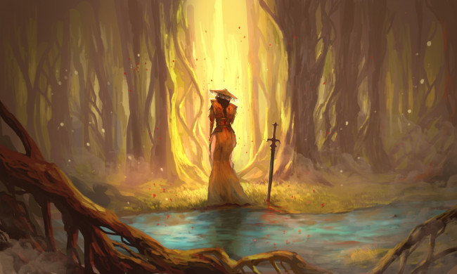 Обои картинки фото фэнтези, девушки, шляпа, меч, девушка, лес, фон