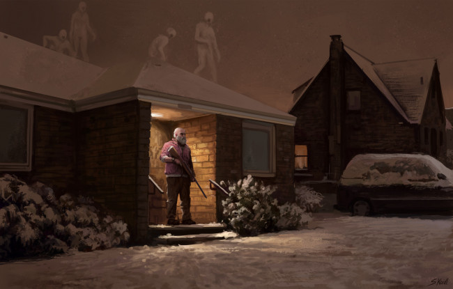 Обои картинки фото фэнтези, существа, монстры, снег, крыша, дом, мужик, ружье, двор