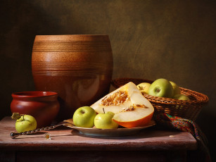 Картинка еда фрукты +ягоды корзинка дыня яблоки