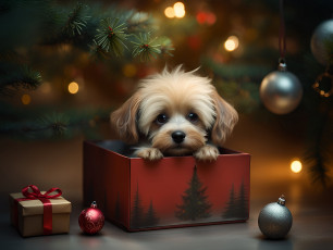 Картинка 3д+графика животные+ animals собака коробка игрушки новый год арт