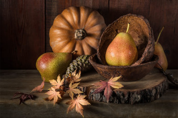 Картинка еда фрукты+и+овощи+вместе осень листья стол доски плоды тыква фрукты натюрморт