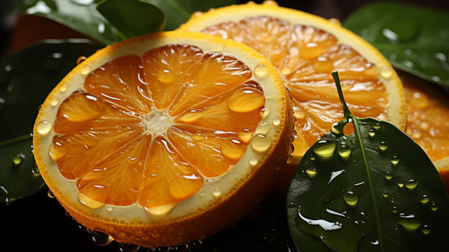 Обои картинки фото 3д графика, еда-, food, листья, вода, капли, макро, влага, апельсины, фрукты, цитрусы