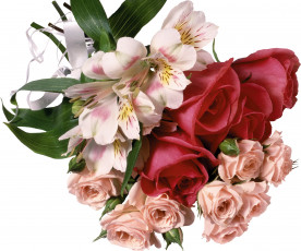Картинка цветы букеты композиции бант розы альстромерия