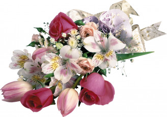 Картинка цветы букеты композиции ленты тюльпаны розы альстромерия