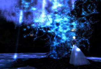 Картинка 3д графика fantasy фантазия ночь свет девушка дерево сияние