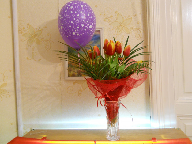 Обои картинки фото цветы, тюльпаны, ваза, шарик