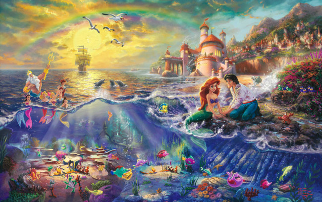 Обои картинки фото the, little, mermaid, рисованные, thomas, kinkade, принц, дисней, painting, томас, кинкейд, живопись, принцесса, ариэль, нептун, эрик