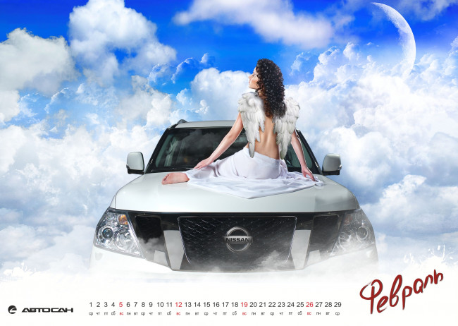 Обои картинки фото календари, девушки, ниссан, авто, крылья, спина, кудри, облака