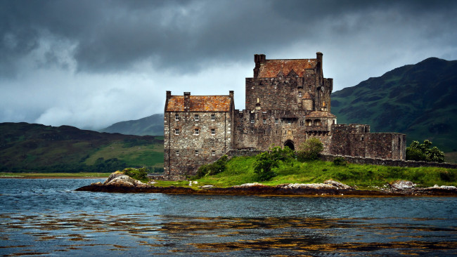 Обои картинки фото города, замок, эйлиан, донан, шотландия, горы, старинный, озеро, остров
