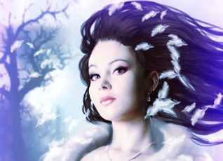 Картинка фэнтези фотоарт взгляд волосы белые перышки макияж серьги глаза лицо принцесса арт девушка