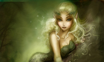 Картинка фэнтези эльфы природа рука деревья зеленое волосы взгляд девушка эльф