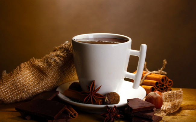 Обои картинки фото еда, кофе,  кофейные зёрна, орехи, корица, бадьян, какао, шоколад