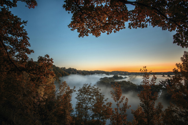 Обои картинки фото homer watson park sunrise,  kitchener ontario, природа, пейзажи, панорама, туман, лес
