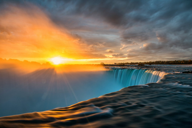 Обои картинки фото niagara falls sunrise, природа, водопады, водопад, восход, река, тучи