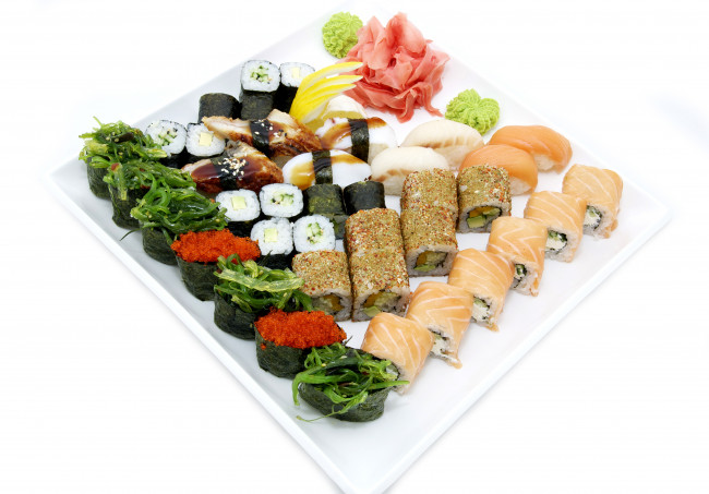Обои картинки фото еда, рыба,  морепродукты,  суши,  роллы, суши, роллы, лимон, воссаби, имбирь