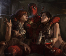 Картинка рисованное кино взгляд арт deadpool сигарета вино веселье девушки оружие маска костюм