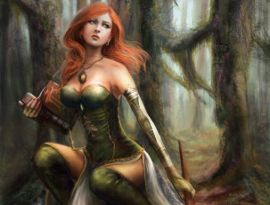 Картинка фэнтези девушки арт девушка взгляд рыжие волосы поза книга лес деревья
