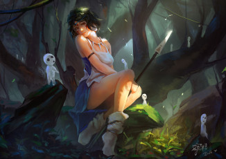 Картинка аниме mononoke+hime поза взгляд девушка арт деревья лес копье принцесса мононоке princess mononoke