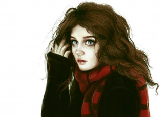 Картинка рисованное люди глаза волосы взгляд арт шарф девушка