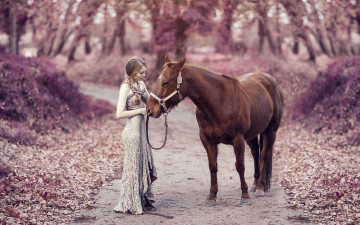Картинка девушки -unsort+ брюнетки +шатенки конь настроение лошадь осень дорога платье девушка