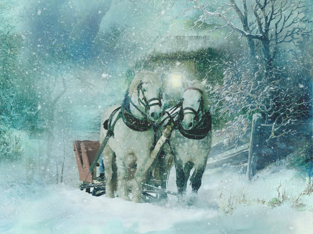 Обои картинки фото рисованное, животные,  лошади, лошади, кони, сани, зима, снег, текстура, арт