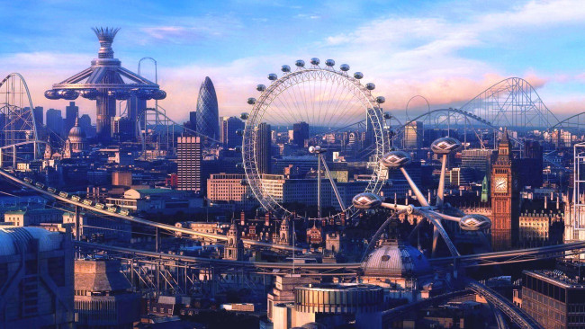 Обои картинки фото города, лондон , великобритания, здания, дома, колесо, обозрения, панорама, аттракционы, парк