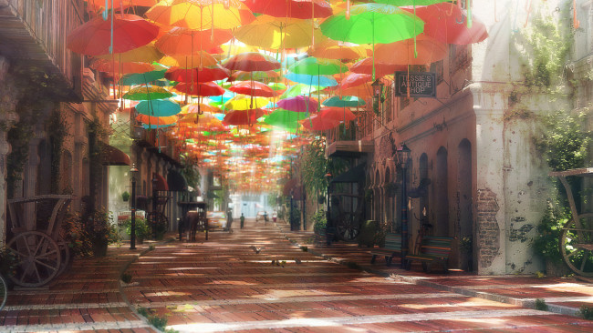 Обои картинки фото рисованное, города, зонтики, улица, murad, abujaish, город