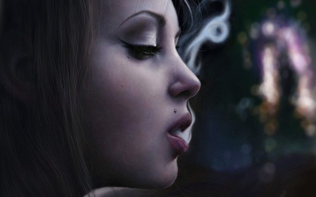 Обои картинки фото рисованное, люди, курит, девушка, губы, лицо, арт, дым