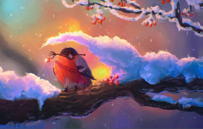 Обои картинки фото рисованное, животные,  птицы, дерево, зима, рябина, снег, птица, арт, снегирь, ветка