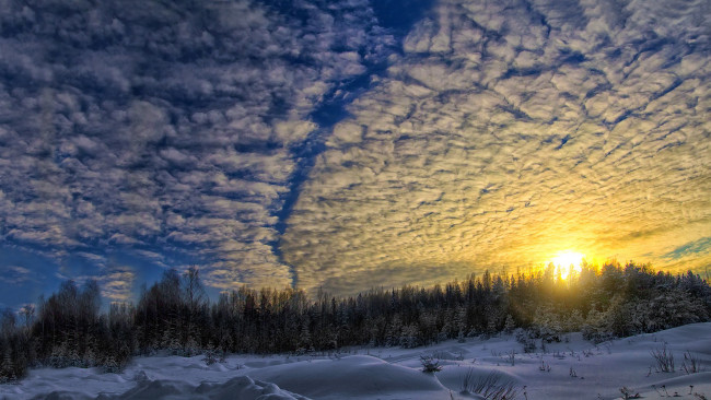 Обои картинки фото природа, восходы, закаты, закат, облака, снег, лес