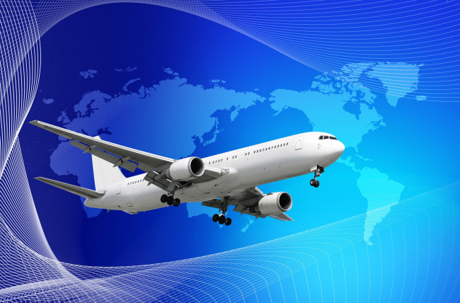 Обои картинки фото авиация, 3д, рисованые, v-graphic, синий, полосы, карта, белый, материки, самолет, фон, вектор, пассажирский