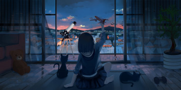 Картинка аниме город +улицы +интерьер +здания кот девочка ночь