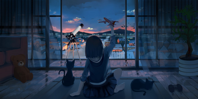Обои картинки фото аниме, город,  улицы,  интерьер,  здания, кот, девочка, ночь