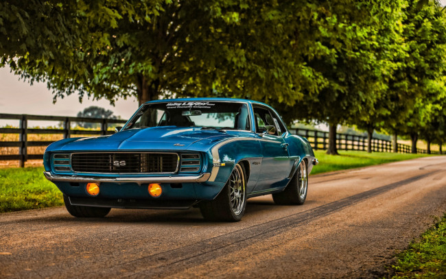 Обои картинки фото 1969 chevrolet camaro rs, автомобили, camaro, hdr, шевроле, синий, мускул, кар, дорога, американские, 1969