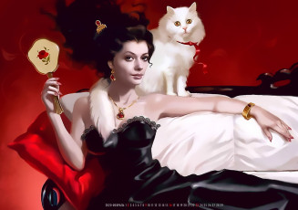 Картинка календари фэнтези calendar белый женщина животное взгляд девушка диван зеркало кошка 2020