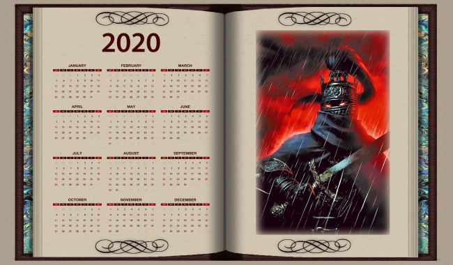 Обои картинки фото календари, фэнтези, книга, оружие, шлем, calendar, 2020