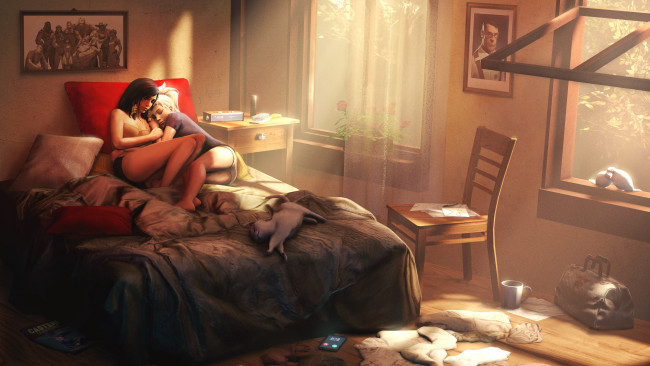 Обои картинки фото видео игры, overwatch, девушки, фон, кровать, сон, кот, рассвет