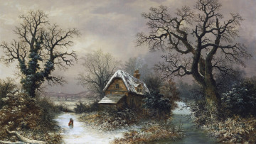обоя рисованные, charles, leaver, зима, пейзаж, дом, деревья