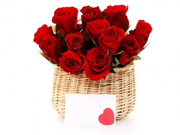 Обои картинки фото цветы, розы, сердечко, открытка, корзинка