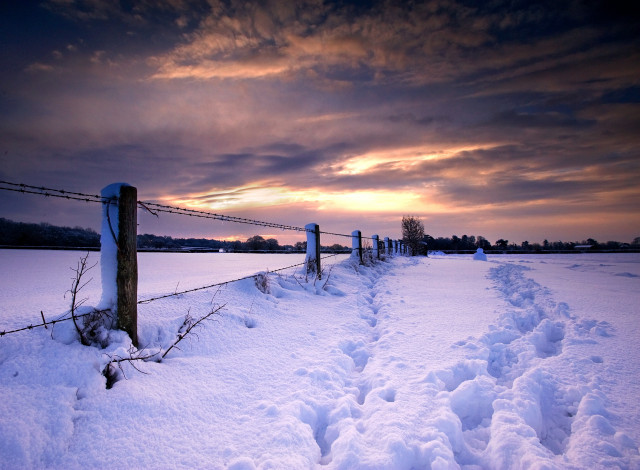 Обои картинки фото природа, зима, закат, снег, следы, забор