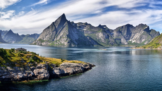 Обои картинки фото природа, реки, озера, фьорд, дом