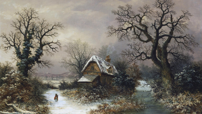 Обои картинки фото рисованные, charles, leaver, зима, пейзаж, дом, деревья