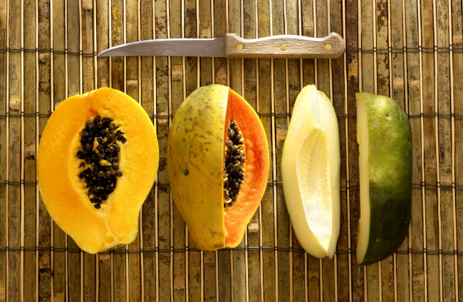 Обои картинки фото еда, папайя, нож, плоды, разрез