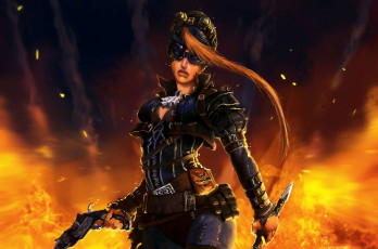 Картинка фэнтези девушки пистолет очки девушка меч рыжая огонь оружие